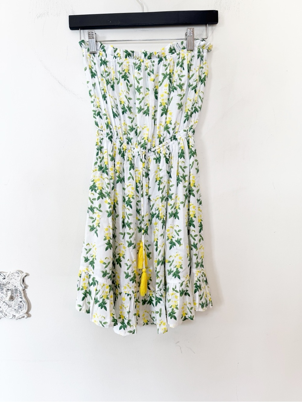 Tiare Hawaii Yellow Floral Strapless Ruffle Mini Dress Coverup OS